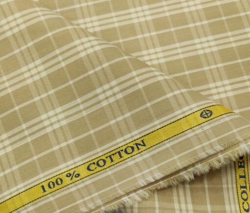 Soktas Men's Cotton Checks 1.60 Meter Unstitched Shirt Fabric (Oat Beige)