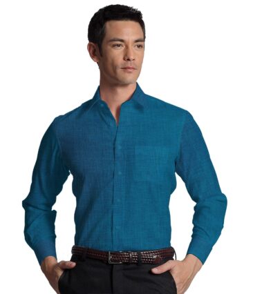 Burgoyne Men's Linen Solids Unstitched Shirting Fabric (Dark Firozi Blue)