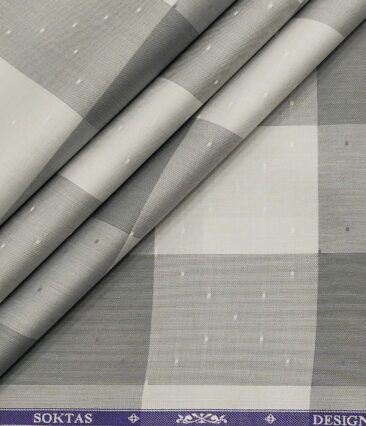 Soktas Men's Giza Cotton Checks  Unstitched Shirting Fabric (White & Grey)