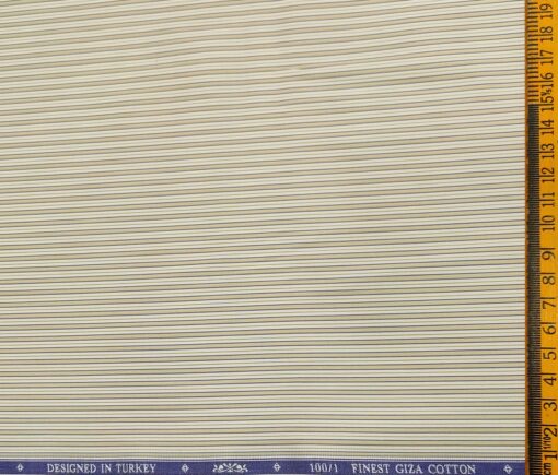 Soktas Men's Giza Cotton Striped  Unstitched Shirting Fabric (Milky White & Brown)