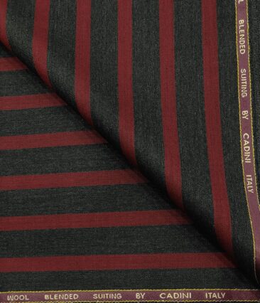 Cadini Men's Wool Striped Super 90's Unstitched Suiting Fabric (Dark Grey & Red)