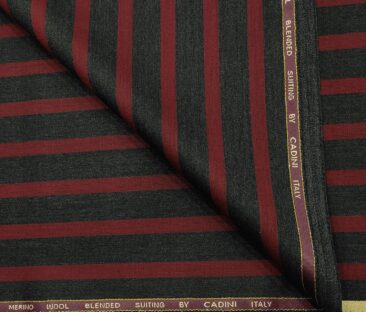Cadini Men's Wool Striped Super 90's Unstitched Suiting Fabric (Dark Grey & Red)
