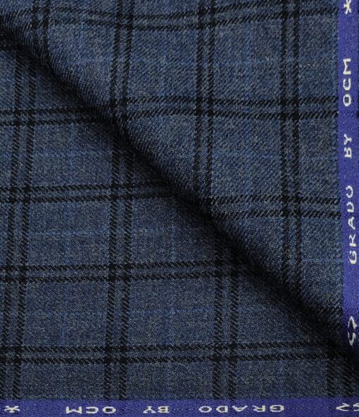 OCM Men's Wool Checks Thick Unstitched Tweed Jacketing & Blazer Fabric (Blue)