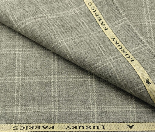 OCM Men's Wool Checks Medium & Soft 2 Meter Unstitched Tweed Jacketing & Blazer Fabric (Light Grey)