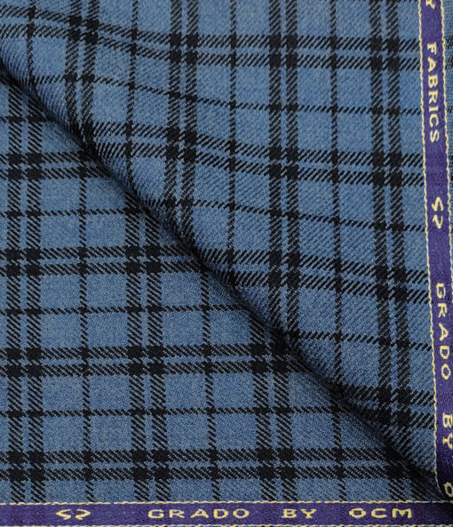 OCM Men's Wool Checks Medium & Soft 2 Meter Unstitched Tweed Jacketing & Blazer Fabric (Blue & Black)
