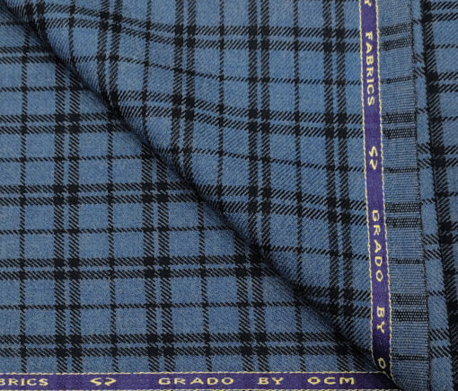 OCM Men's Wool Checks Medium & Soft 2 Meter Unstitched Tweed Jacketing & Blazer Fabric (Blue & Black)