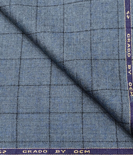 OCM Men's Wool Checks Fine & Soft 2 Meter Unstitched Tweed Jacketing & Blazer Fabric (Blue)