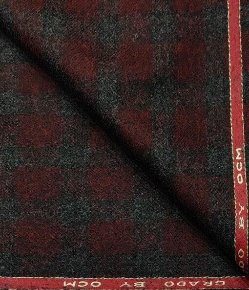 OCM Men's Wool Checks Thick & Soft 2 Meter Unstitched Tweed Jacketing & Blazer Fabric (Dark Maroon & Grey)