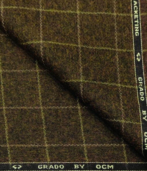 OCM Men's Wool Checks Fine & Soft 2 Meter Unstitched Tweed Jacketing & Blazer Fabric (Dark Brown)