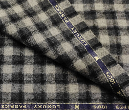 OCM Men's Wool Checks Count : Super 100's 2 Meter Unstitched Tweed Jacketing & Blazer Fabric (Light Grey & Black)