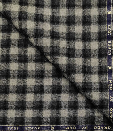 OCM Men's Wool Checks Count : Super 100's 2 Meter Unstitched Tweed Jacketing & Blazer Fabric (Light Grey & Black)