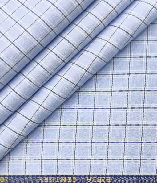 Birla Century Men's Cotton Checks 2 Meter Unstitched Shirting Fabric (Sky Blue)