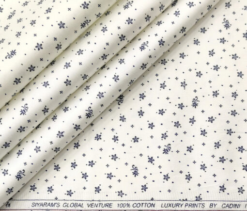 Cadini Men's Cotton Printed 2.25 Meter Unstitched Shirting Fabric (White & Blue)