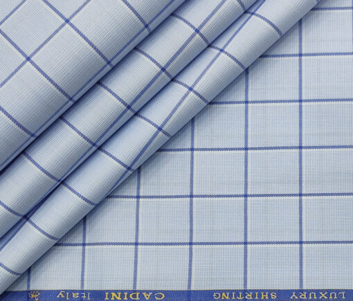 Cadini Men's Giza Cotton Checks 2 Meter Unstitched Shirting Fabric (Sky Blue)