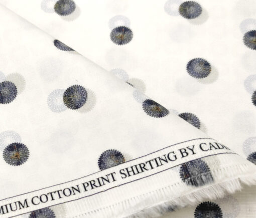 Cadini Men's Cotton Printed 2.25 Meter Unstitched Shirting Fabric (White & Grey)