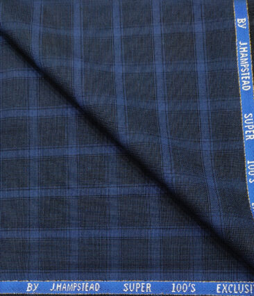 J.Hampstead Men's Wool Checks Super 100's 3.75 Meter Unstitched Suiting Fabric (Royal Blue)
