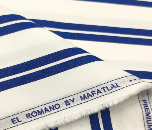 Mafatlal Men's Giza Cotton Striped 2 Meter Unstitched Shirting Fabric (White & Royal Blue)