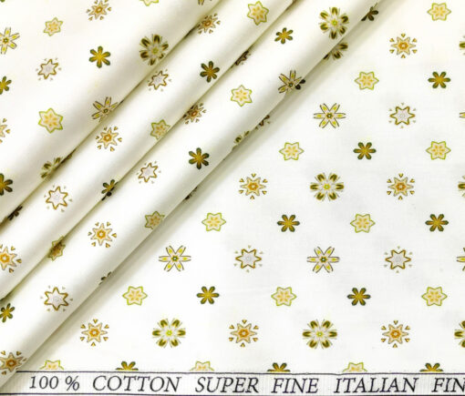 PEE GEE Men's Cotton Printed 2.25 Meter Unstitched Shirting Fabric (Milky White & Yellow)