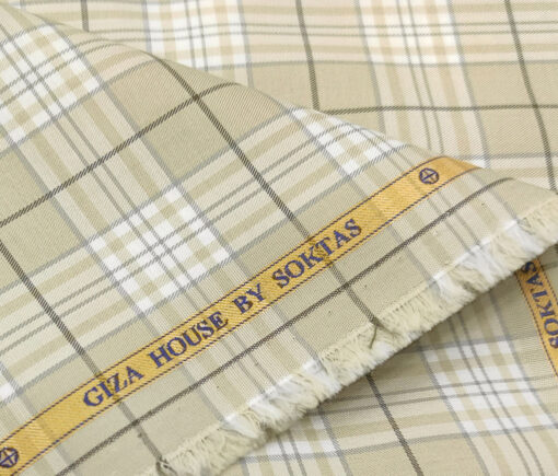 Soktas Men's Giza Cotton Checks 2 Meter Unstitched Shirting Fabric (Beige)