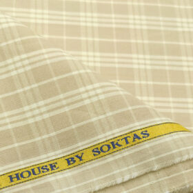 Soktas Men's Cotton Checks 2 Meter Unstitched Shirting Fabric (Oat Beige)