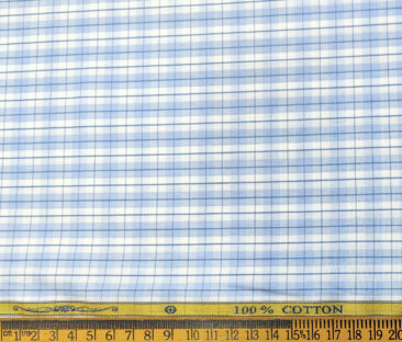 Soktas Men's Cotton Checks 2 Meter Unstitched Shirting Fabric (White & Blue)