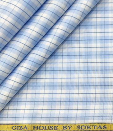 Soktas Men's Cotton Checks Unstitched Shirting Fabric (White & Blue)