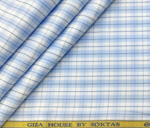 Soktas Men's Cotton Checks 2 Meter Unstitched Shirting Fabric (White & Blue)