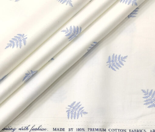 Solino Men's Cotton Printed 2.25 Meter Unstitched Shirting Fabric (White & Sky Blue)
