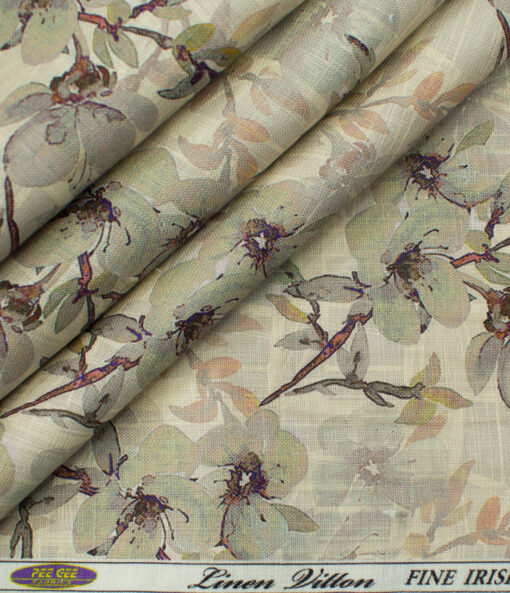 Pee Gee Men's Linen Printed 2.25Meter Unstitched Shirting Fabric (Beige)
