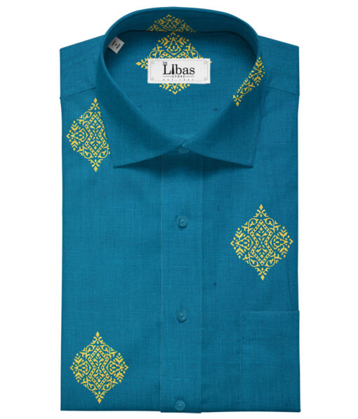 Solino Men's Linen Printed 2.25Meter Unstitched Shirting Fabric (Dark Firozi Blue)