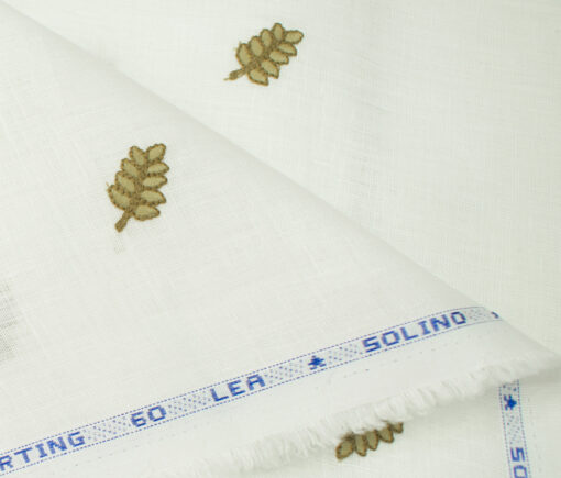 Solino Men's Linen Embroidered 2.25Meter Unstitched Shirting Fabric (White)