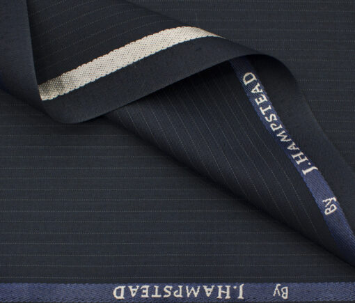 J.Hampstead Men's Polyester Viscose Striped 3.75 Meter Unstitched Suiting Fabric (Dark Navy Blue )
