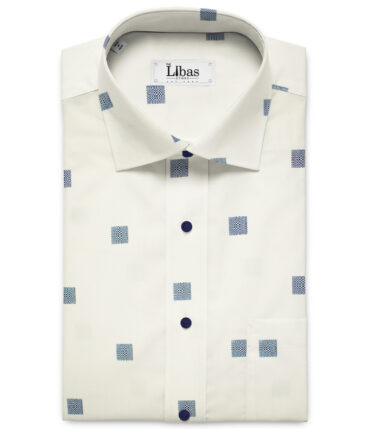 Bombay Rayon Men's Cotton Printed 2 Meter Unstitched Shirting Fabric (White & Blue)