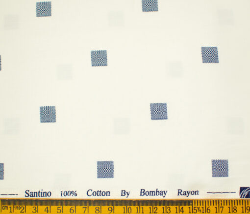 Bombay Rayon Men's Cotton Printed 2 Meter Unstitched Shirting Fabric (White & Blue)