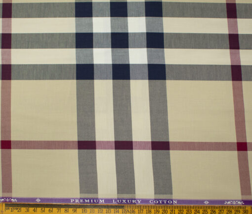 Soktas Men's Giza Cotton Checks 2 Meter Unstitched Shirting Fabric (Beige & Blue)