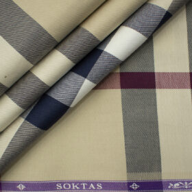 Soktas Men's Giza Cotton Checks 2 Meter Unstitched Shirting Fabric (Beige & Blue)