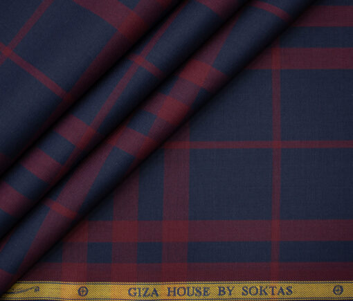 Soktas Men's Giza Cotton Checks 2 Meter Unstitched Shirting Fabric (Dark Royal Blue & Red)