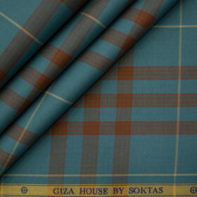 Soktas Men's Giza Cotton Checks 2 Meter Unstitched Shirting Fabric (Teal Blue)
