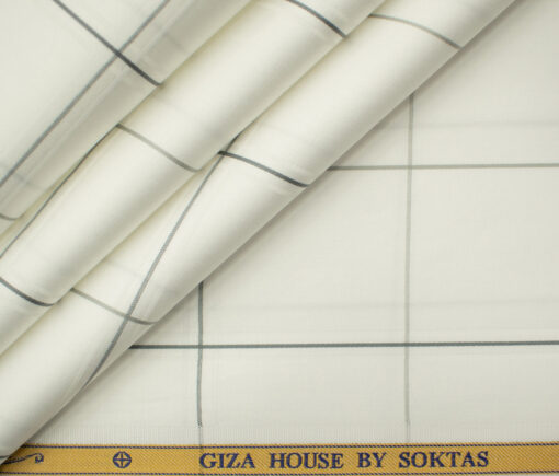 Soktas Men's Giza Cotton Checks 2 Meter Unstitched Shirting Fabric (White & Grey)