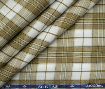 Soktas Men's Giza Cotton Checks 2 Meter Unstitched Shirting Fabric (White & Brown)