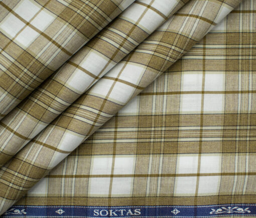 Soktas Men's Giza Cotton Checks 2 Meter Unstitched Shirting Fabric (White & Brown)