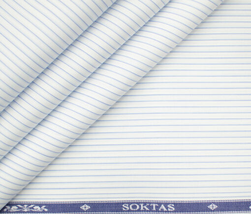 Soktas Men's Giza Cotton Striped 2 Meter Unstitched Shirting Fabric (White & Blue)