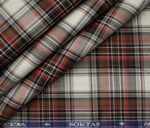 Soktas Men's Giza Cotton Checks 2 Meter Unstitched Shirting Fabric (Brown & Red)
