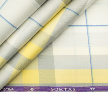 Soktas Men's Giza Cotton Checks 2 Meter Unstitched Shirting Fabric (White & Yellow)