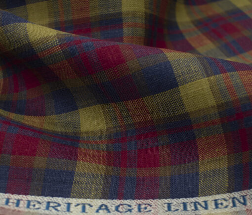 Burgoyne Men's Irish Linen 70 LEA Checks 2.25 Meter Unstitched Shirting Fabric (Dark Blue & Yellow)