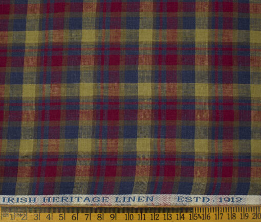 Burgoyne Men's Irish Linen 70 LEA Checks 2.25 Meter Unstitched Shirting Fabric (Dark Blue & Yellow)