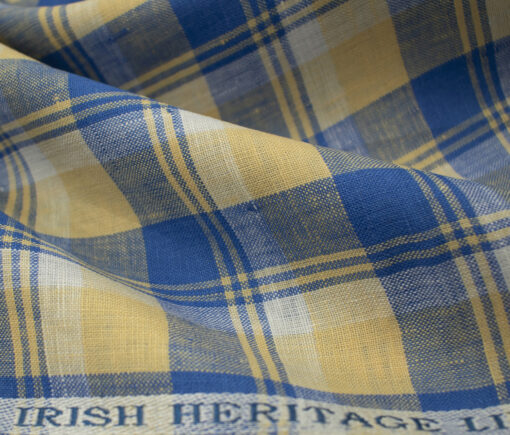 Burgoyne Men's Irish Linen 60 LEA Checks 2.25 Meter Unstitched Shirting Fabric (Yellow & Blue)