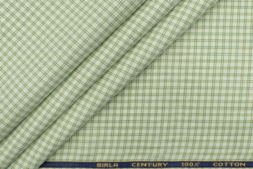Birla Century Men's  Cotton Checks 2.25 Meter Unstitched Shirting Fabric (White & Green)