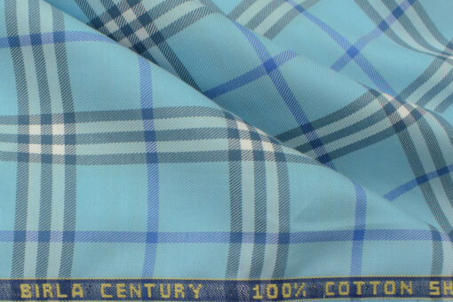 Birla Century Men's  Cotton Checks 2.25 Meter Unstitched Shirting Fabric (Arctic Blue)