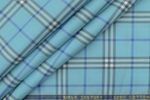 Birla Century Men's  Cotton Checks 2.25 Meter Unstitched Shirting Fabric (Arctic Blue)